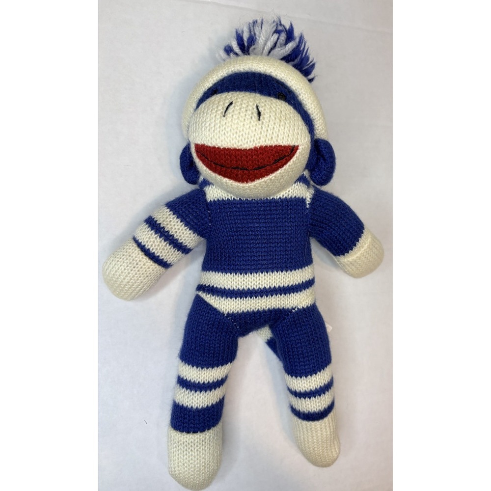 Dan Dee Blue White Sock Monkey Stuffed Plush Knit Sweater 11" Pom Hat